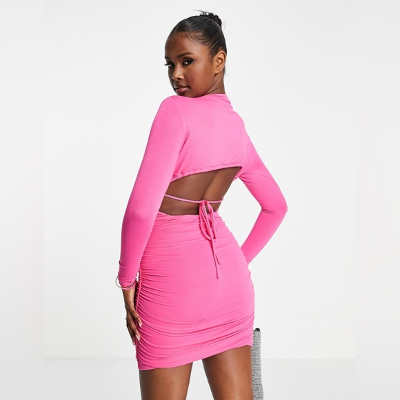 NWOT- Naked Wardrobe ruched long sleeve open back mini dress in raspberry - Picture 3 of 13